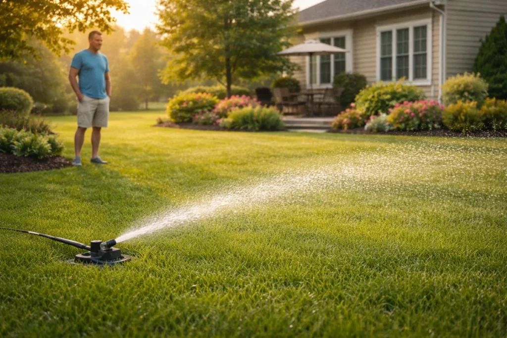 Watering lawn early morning to prevent lawn fungus
