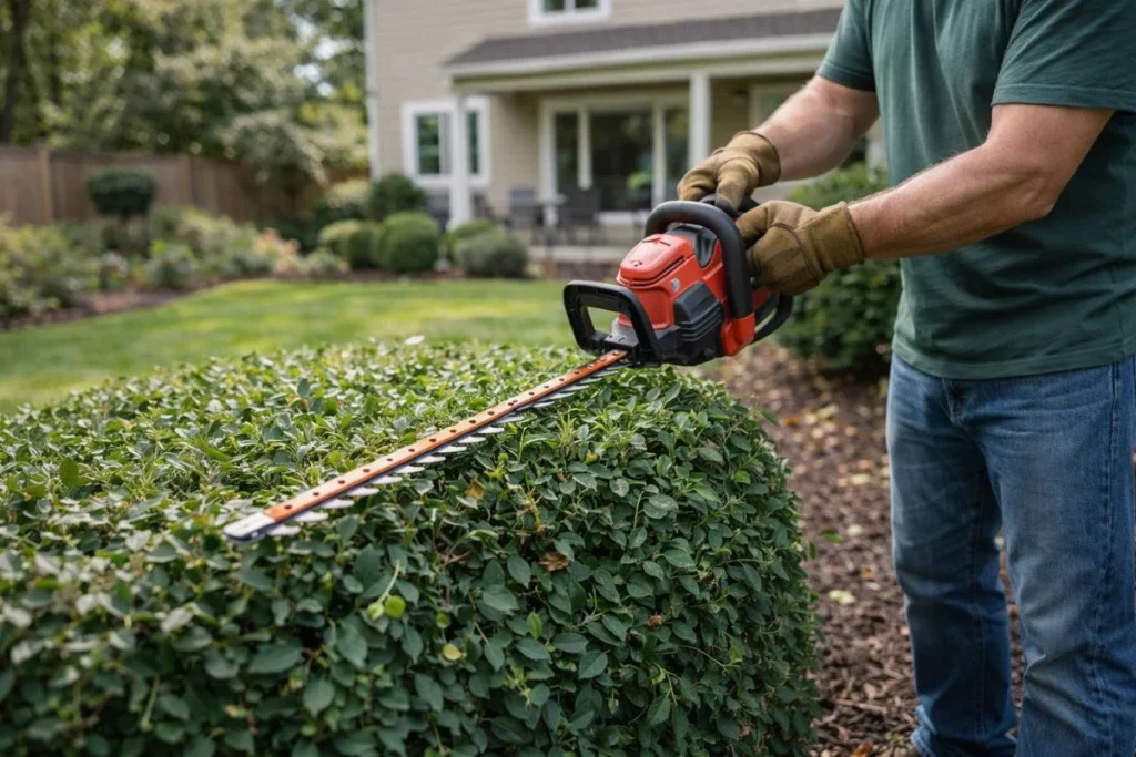 pruning shrubs as part of professional yard cleanup service