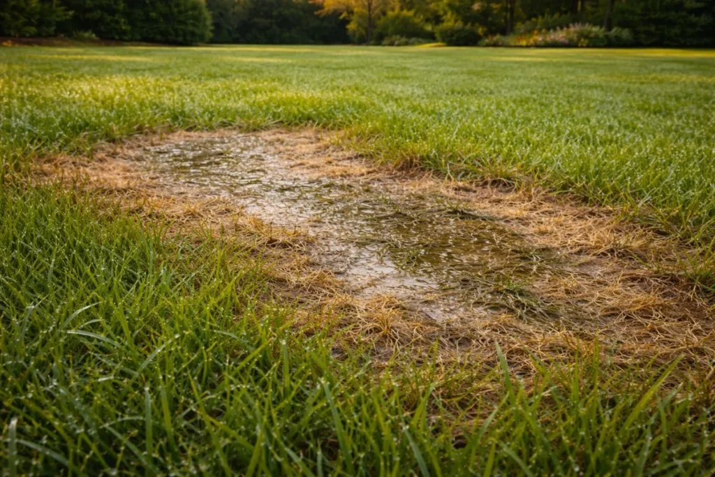 Pythium blight lawn fungus showing greasy water-soaked grass