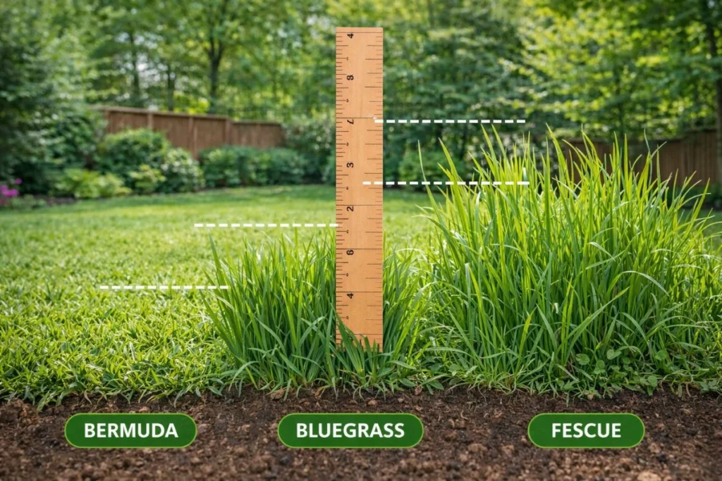 Different lawn grass types showing proper mowing heights in inches