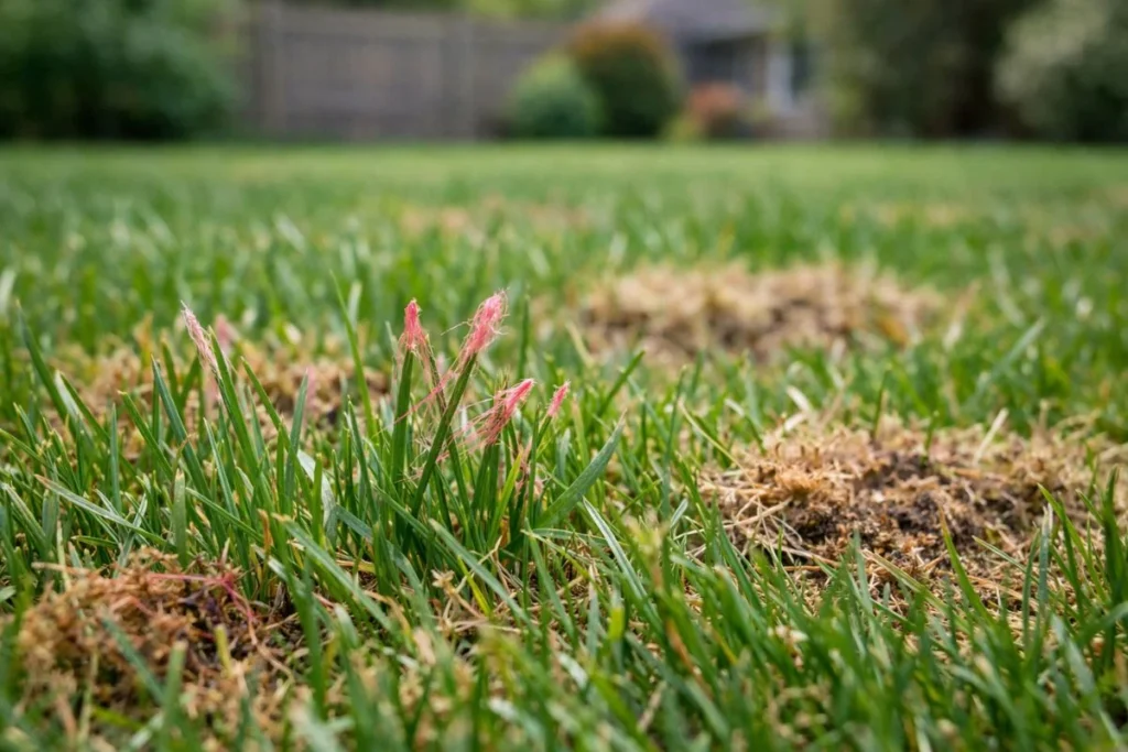 Red thread fungus on cool season lawn showing pink thread-like strands on grass blades