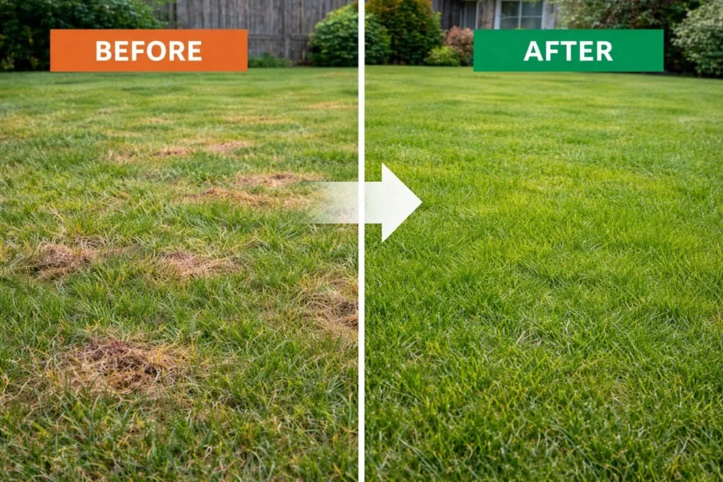 Before and after lawn recovery from red thread fungus