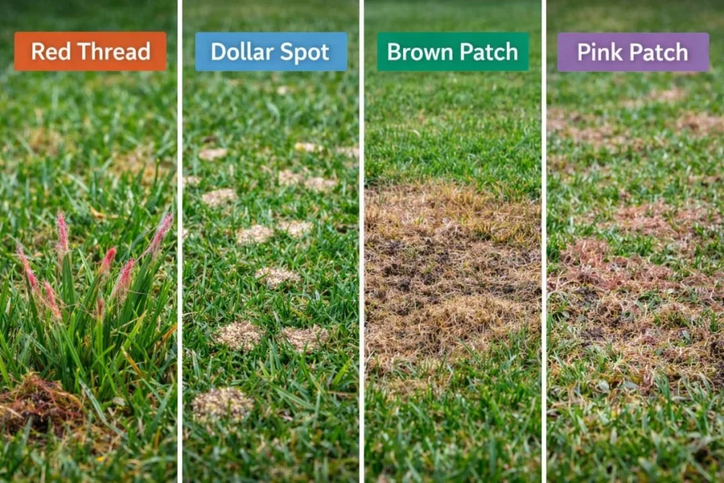Comparison of red thread fungus vs dollar spot and brown patch lawn diseases
