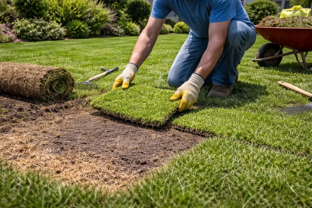 Replacing damaged lawn area with fresh sod after chinch bug treatment