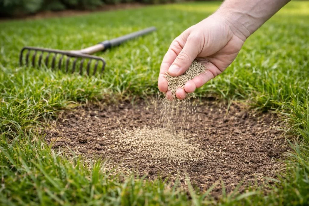 spreading grass seed on bare lawn patch after weed removal