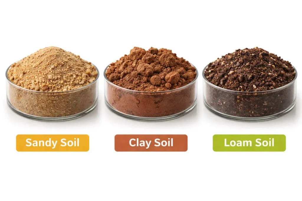 comparison of sandy soil clay soil and loam soil for lawn watering