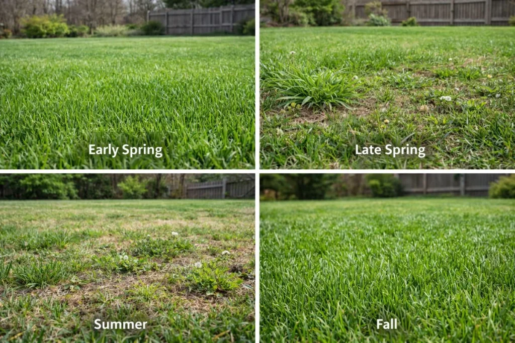 Seasonal lawn growth comparison weeds and grass