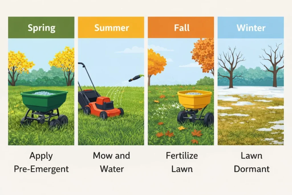 Seasonal lawn weed control plan for spring, summer, fall