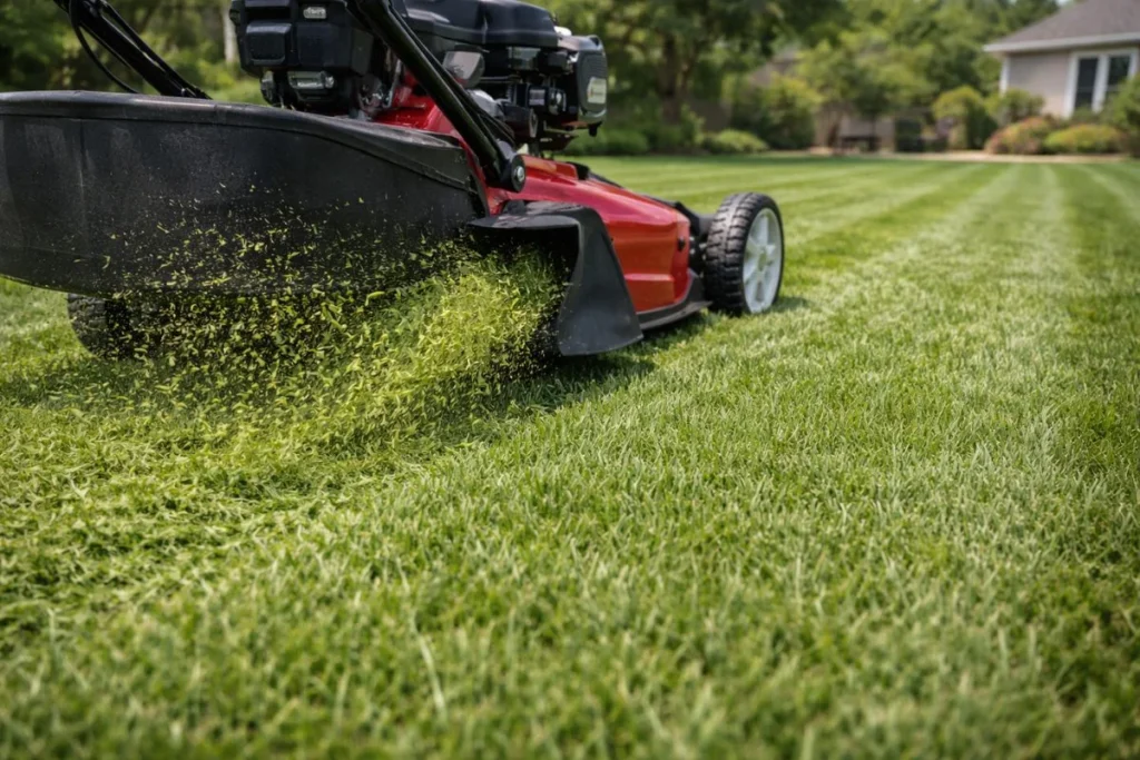Lawn mower using side discharge to spread grass clippings