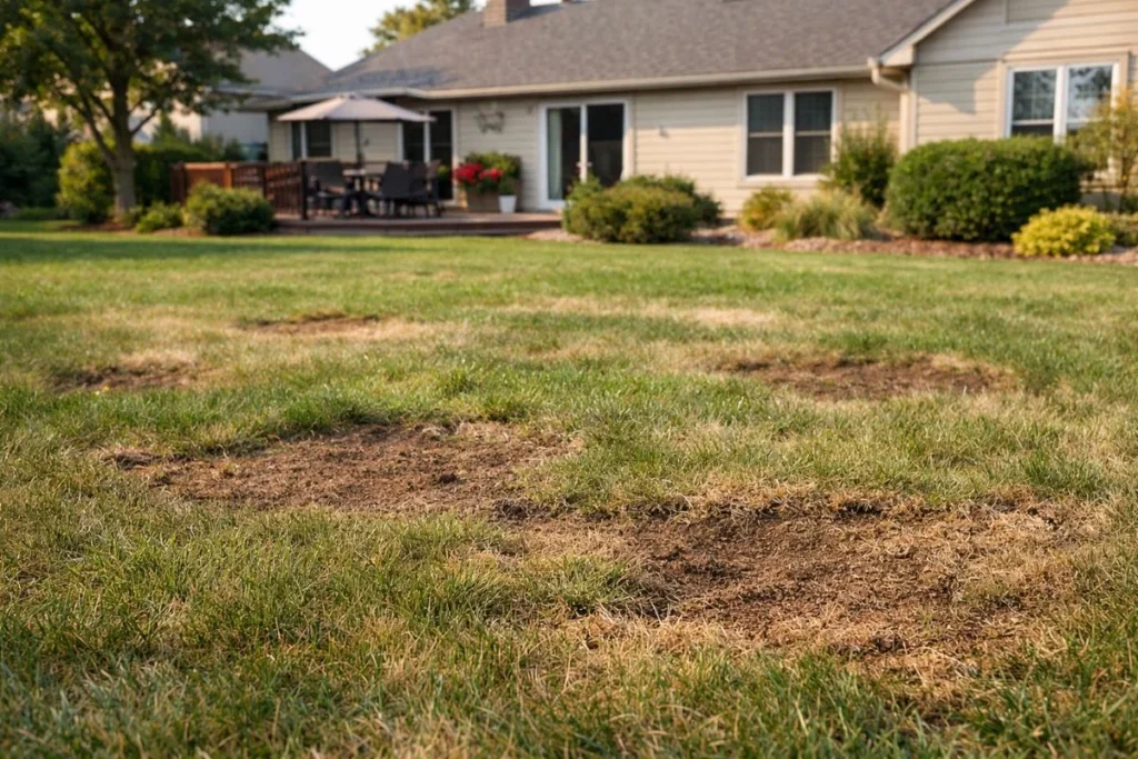 Signs of grubs on lawn showing irregular brown patches and thinning grass