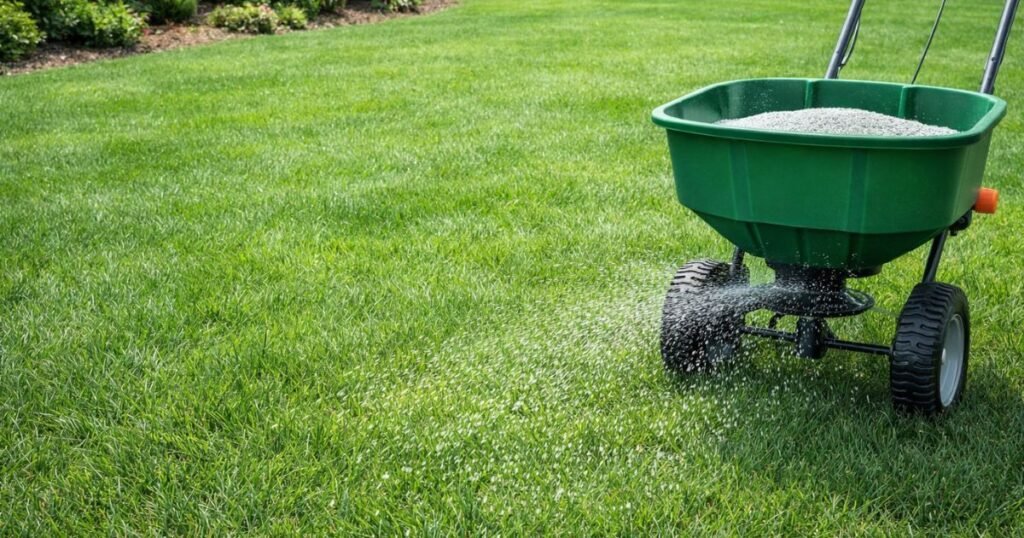 Even lawn fertilization using a push spreader on green grass