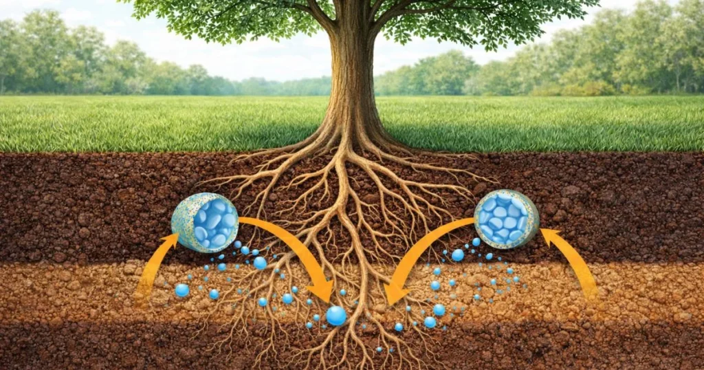 Tree roots absorbing nutrients from soil underground