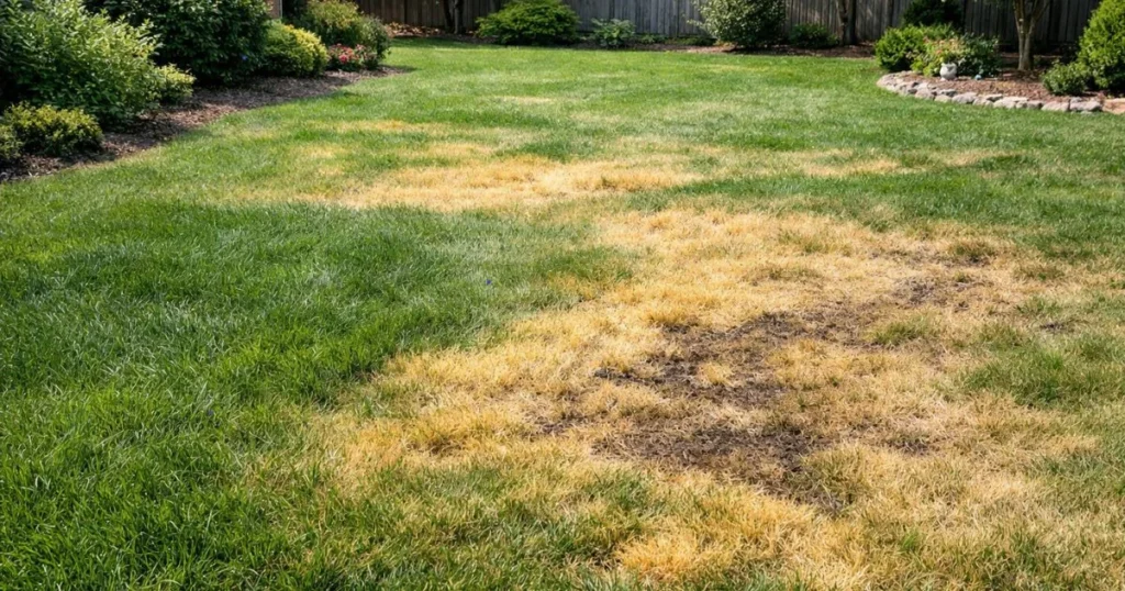 Uneven lawn growth with yellow and dark green patches