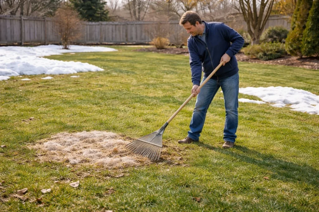 Raking lawn to repair snow mold damage in spring