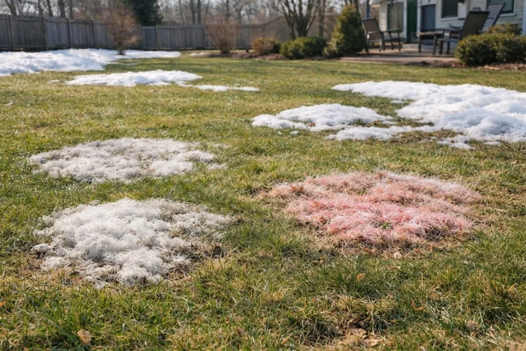 Snow mold on grass showing white and pink patches after snow melt