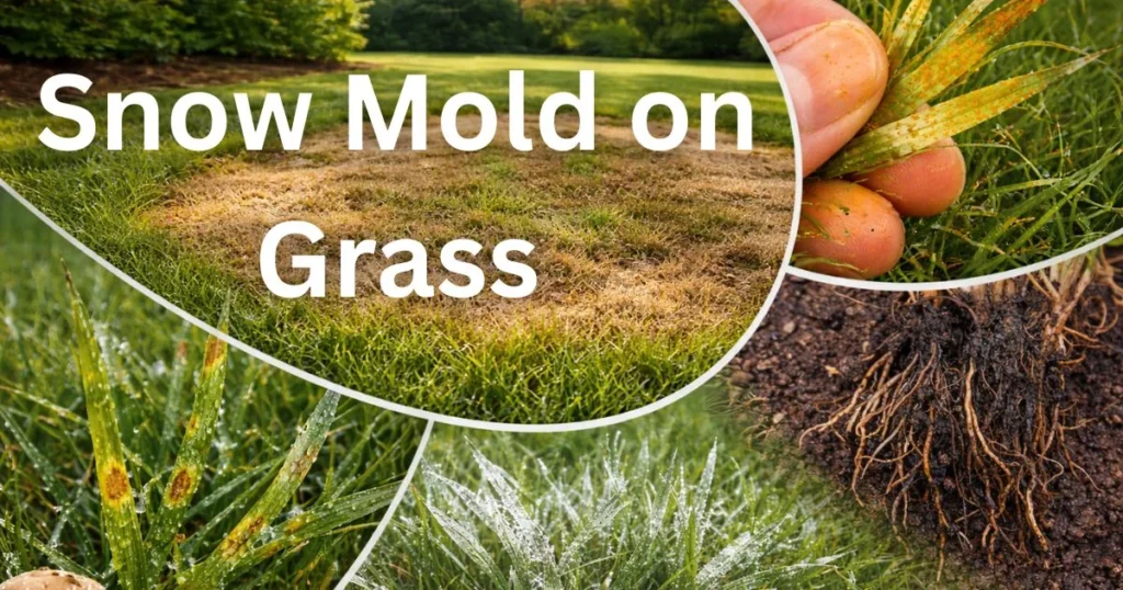 Gray and pink patches on lawn grass after snow melt showing snow mold infection