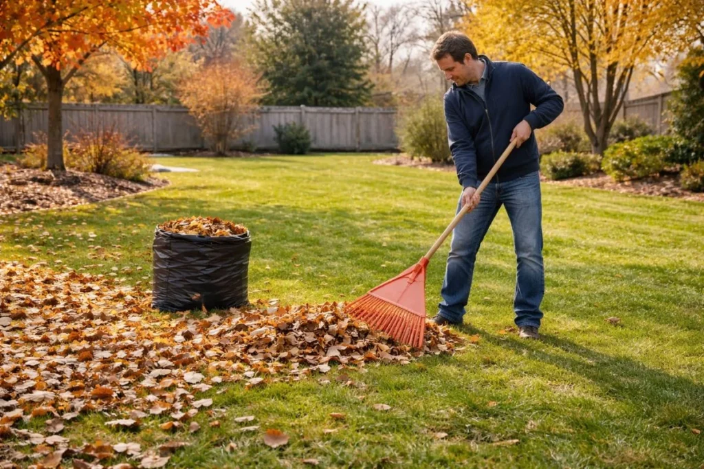 Raking leaves to prevent snow mold before winter