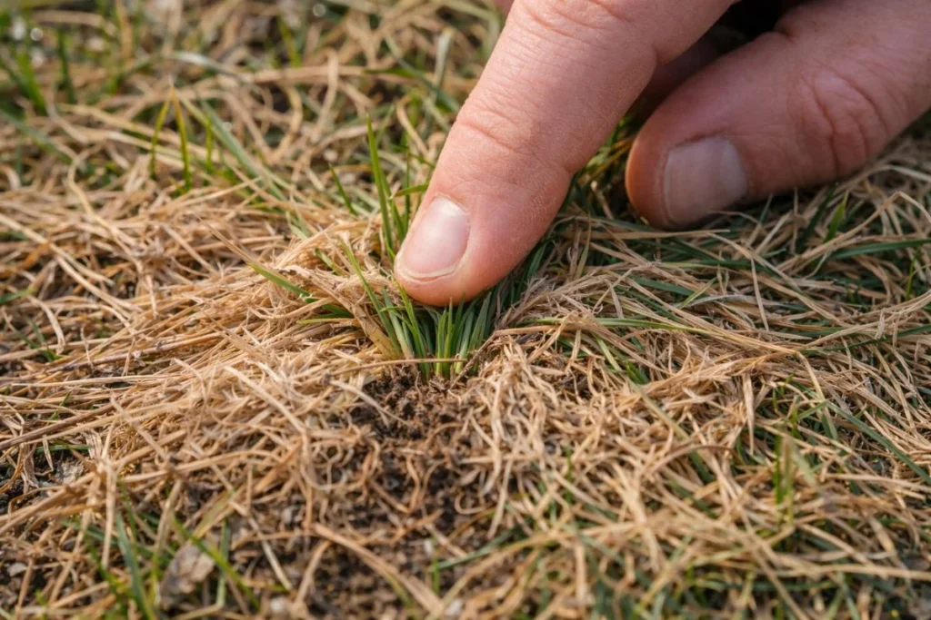 Checking grass crown with scratch test to see if snow mold killed lawn