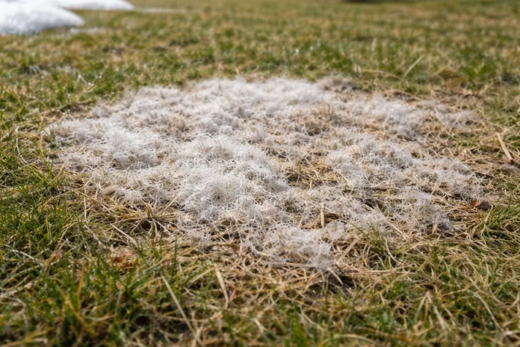 Close up of snow mold symptoms with matted grass and white fungal growth