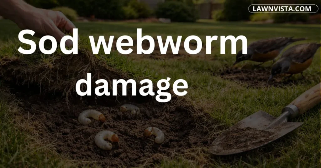 Lawn grass showing brown patches and chewed blades caused by sod webworm damage
