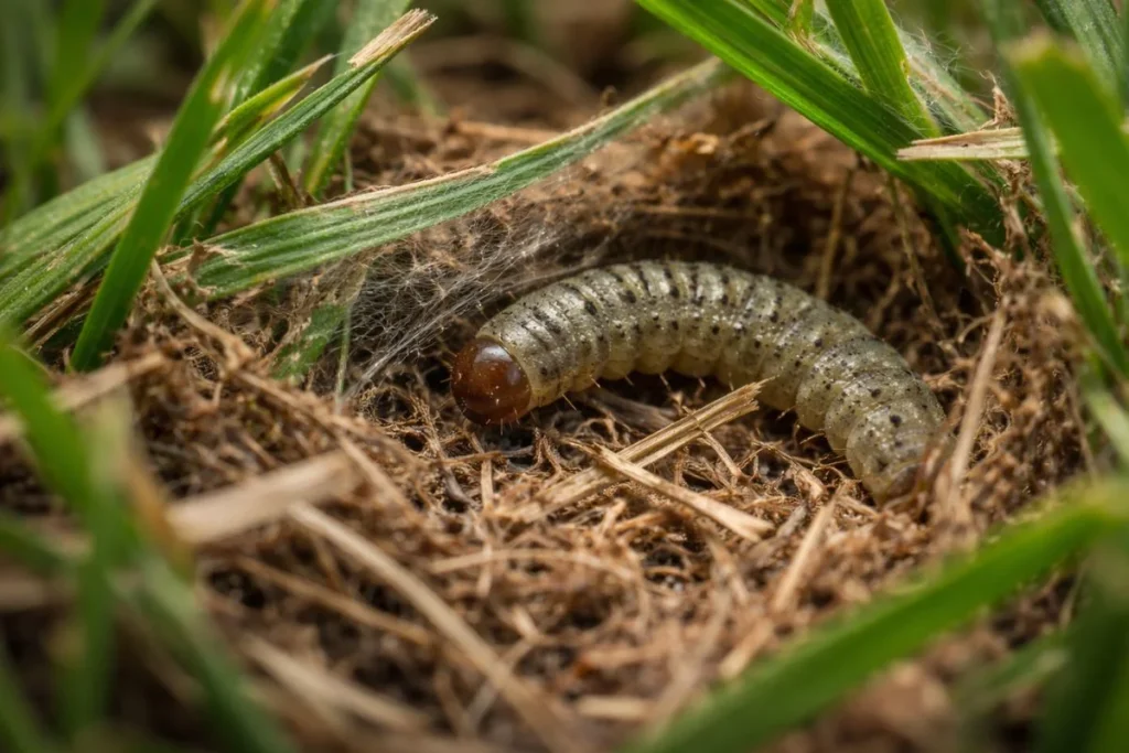 Sod webworm larvae hiding in lawn thatch layer
