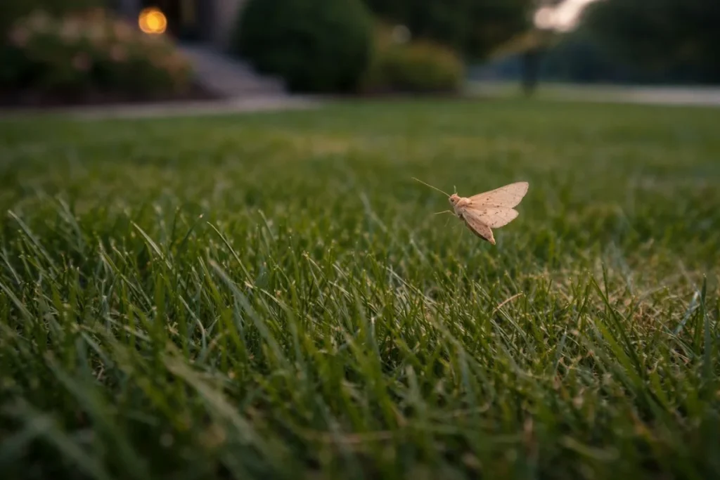 Sod webworm moth flying over lawn at dusk