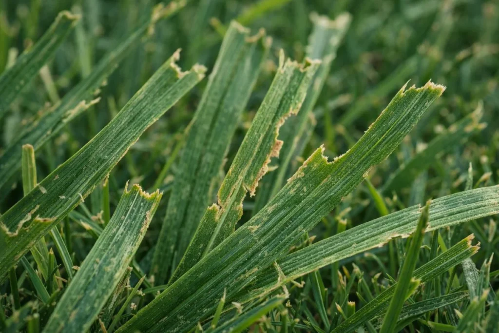 Close up of grass blades with notched edges from sod webworm damage