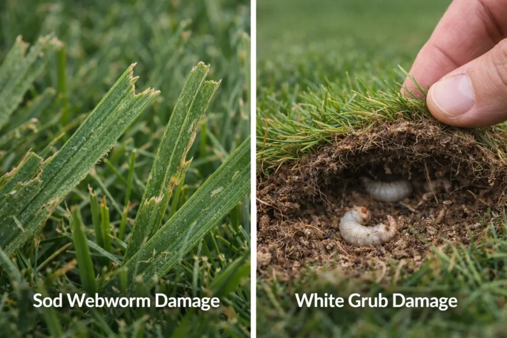 Comparison of sod webworm damage and white grub lawn damage