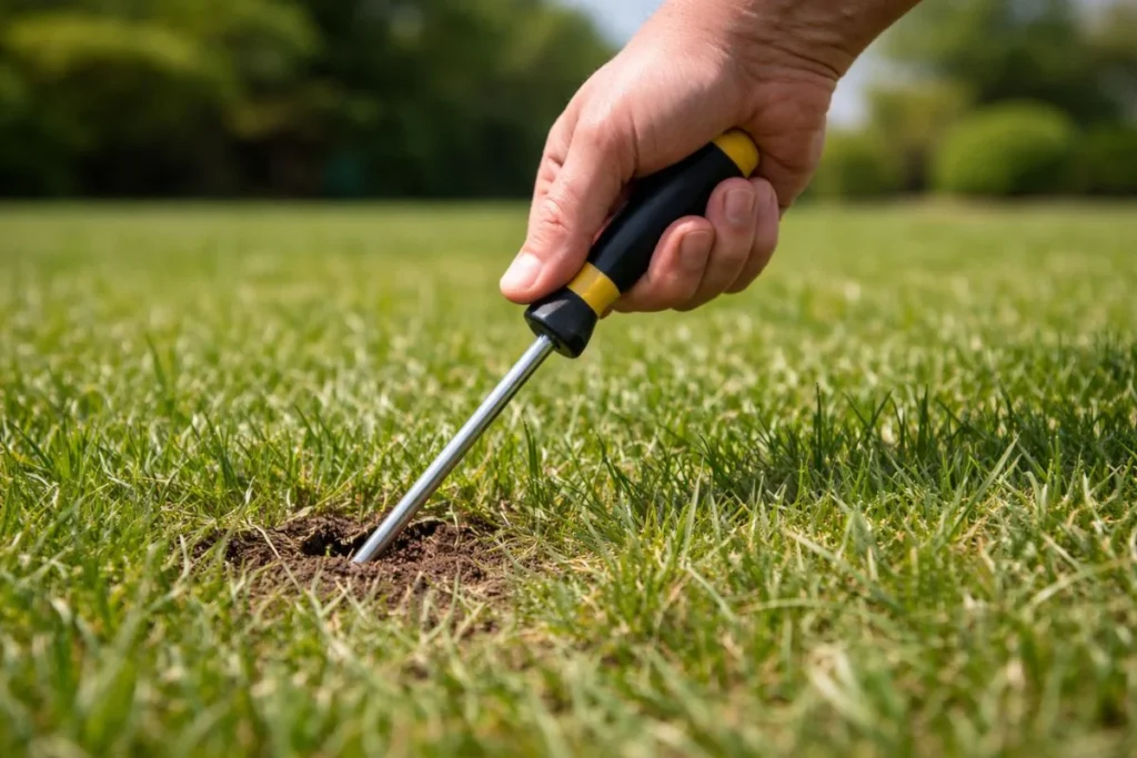 Testing lawn soil compaction with screwdriver