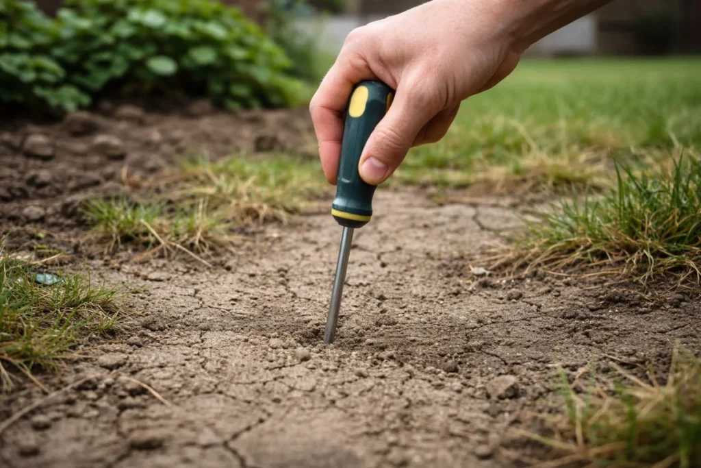 Screwdriver test for compacted soil in a garden