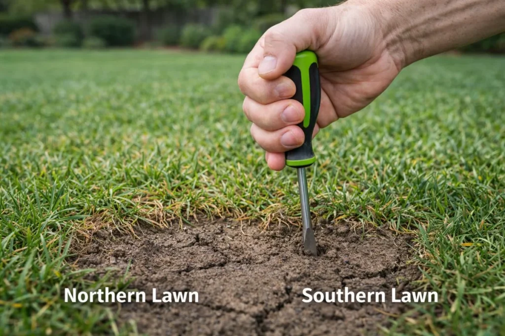 Soil compaction test using screwdriver in lawn