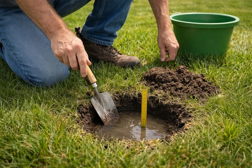 Soil drainage test in lawn to check water absorption