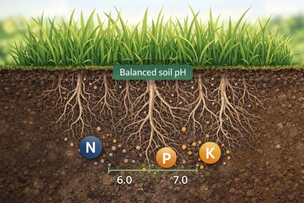 Grass roots absorbing nutrients in balanced soil pH