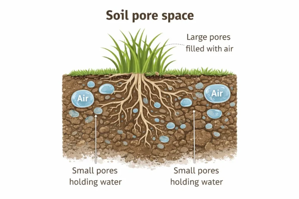 Soil pore space showing air and water movement