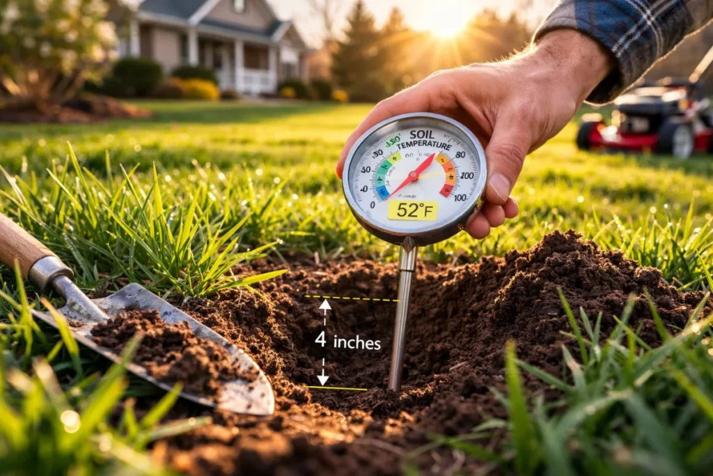 Measuring soil temperature before mowing season start