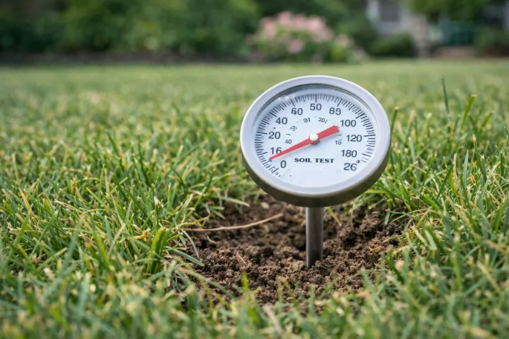 Soil thermometer checking lawn temperature for grub treatment