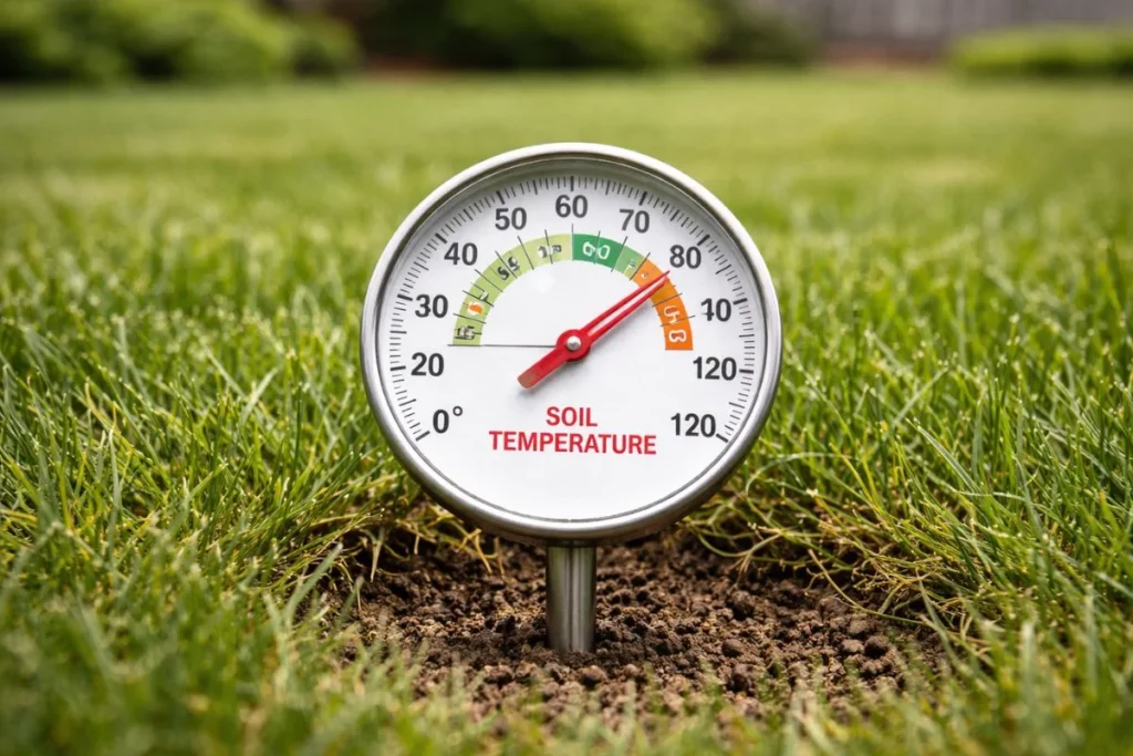 Soil thermometer inserted into lawn showing 60 degrees Fahrenheit