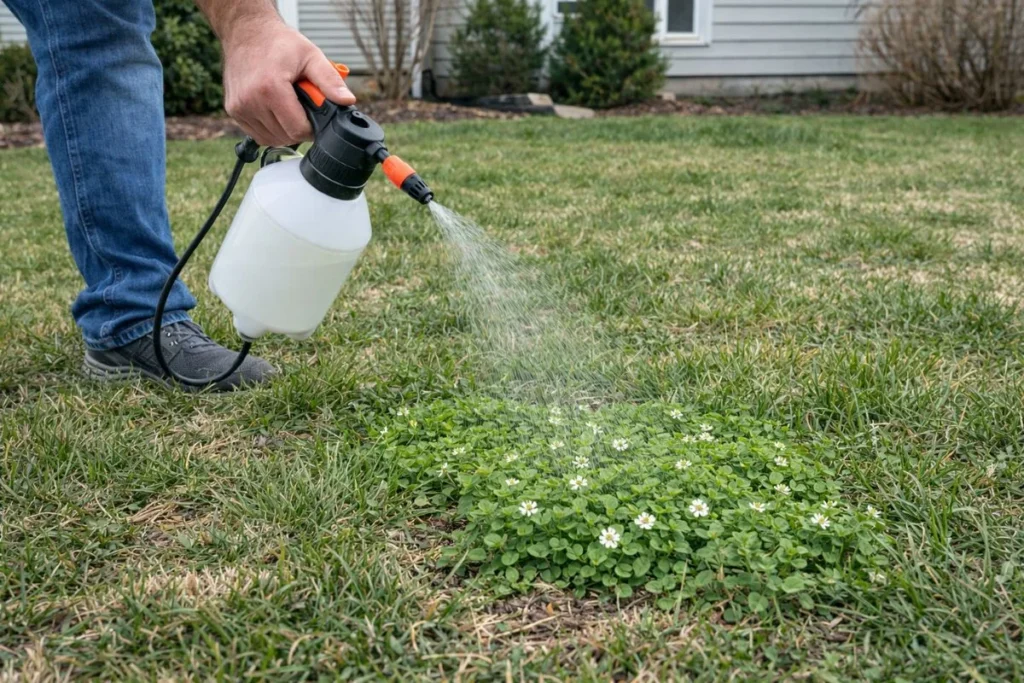 Homeowner spot spraying chickweed with selective herbicide