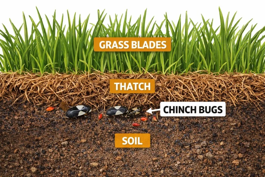 Applying insecticide spray to lawn patch for chinch bug treatment