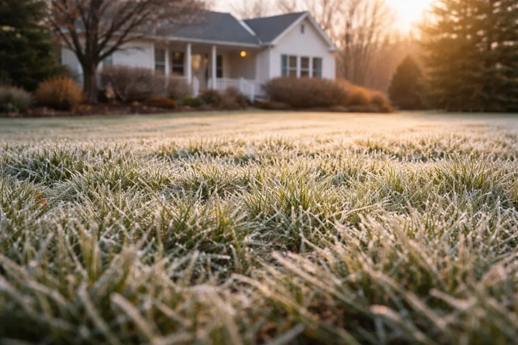 Spring frost on lawn before mowing season start