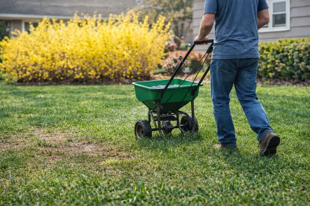 Homeowner applying pre-emergent herbicide in early spring lawn