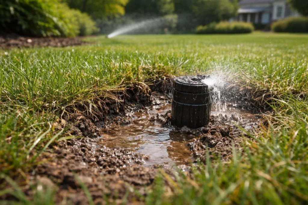 Water pooling around sprinkler head due to underground pipe leak