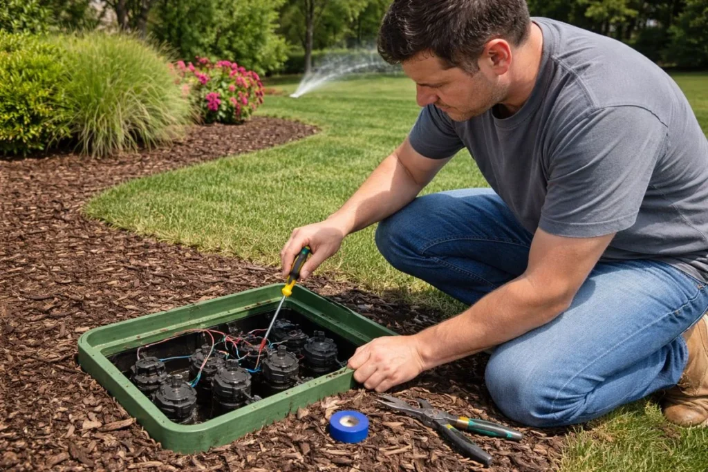 Homeowner checking sprinkler valve during troubleshooting process