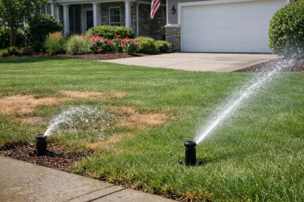 Sprinkler troubleshooting showing uneven spray and brown lawn patches