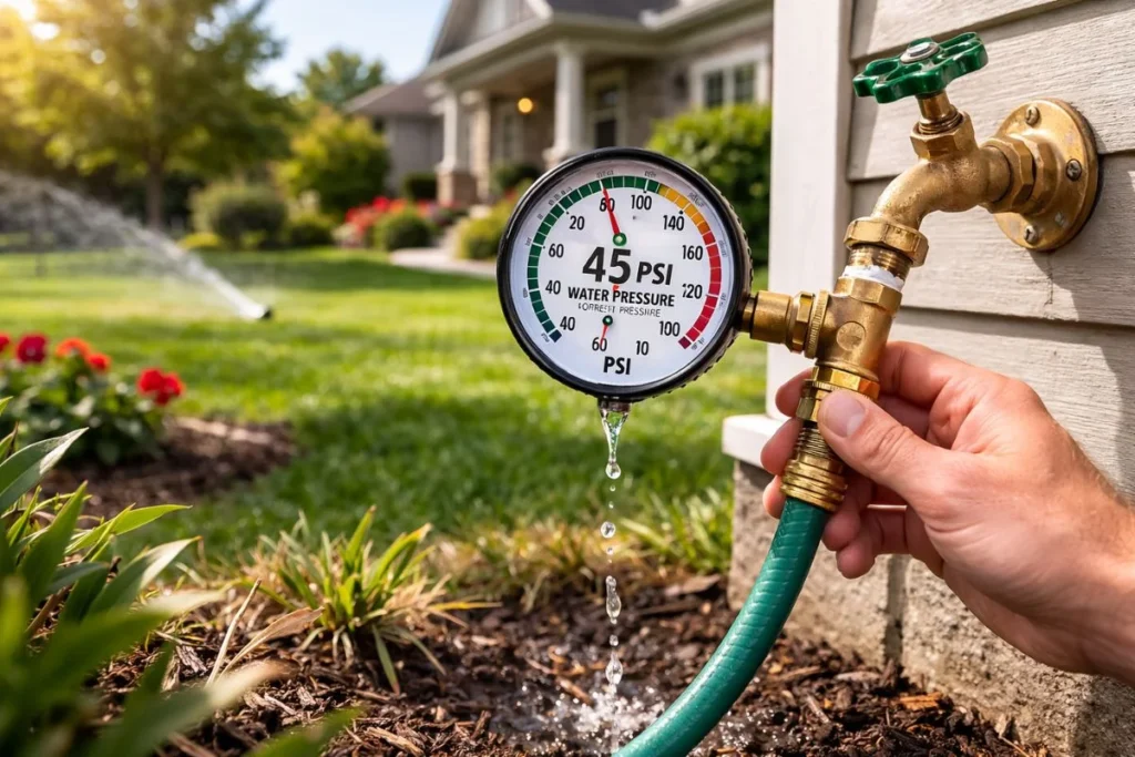 Testing sprinkler water pressure using PSI gauge on outdoor faucet