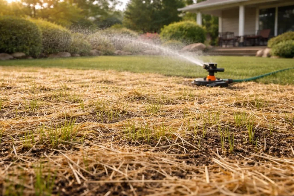 straw mulch covering new grass seed to prevent moisture loss