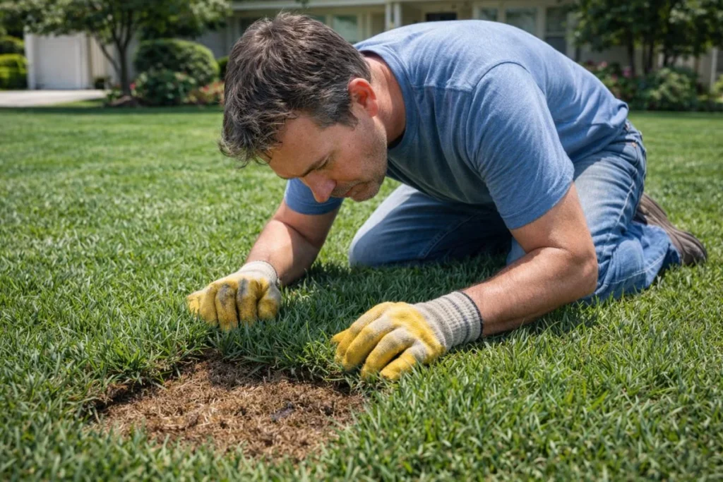 Homeowner inspecting lawn closely during summer for chinch bugs