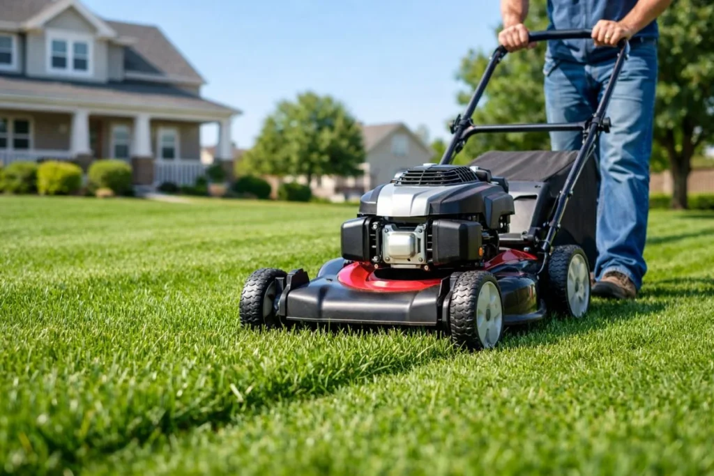 The 1/3 rule lawn mowing demonstration on healthy residential grass