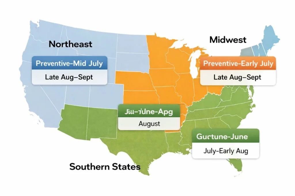 United States map showing regional grub treatment timing windows