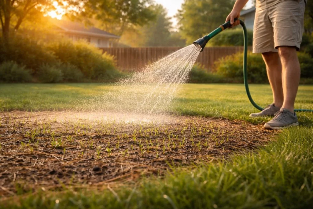 Watering new grass seed early morning to keep soil moist